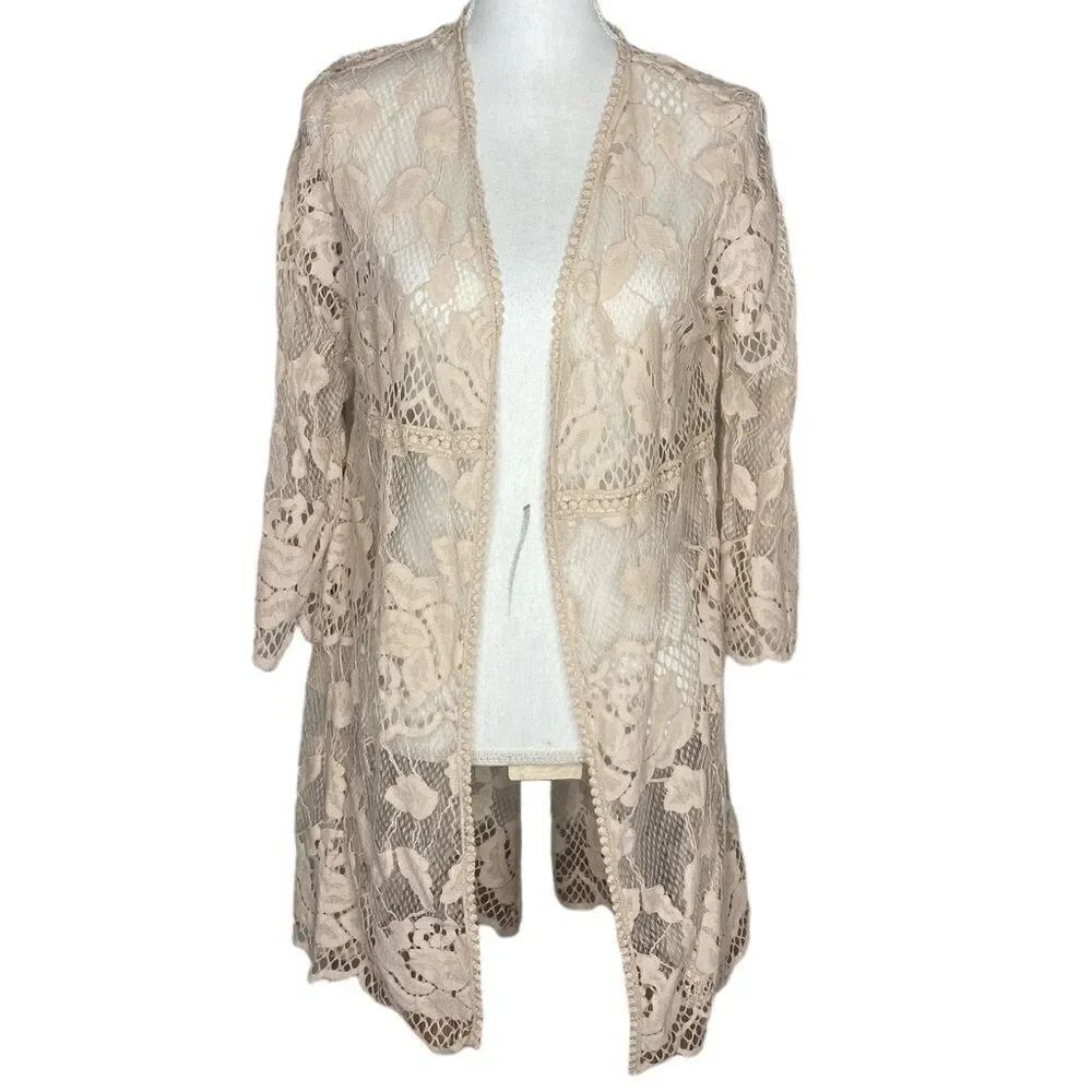 Miss Chievous Wm’s Sz S/M Tan Open Front Lace Crochet Draped Cover-Up Cardigan